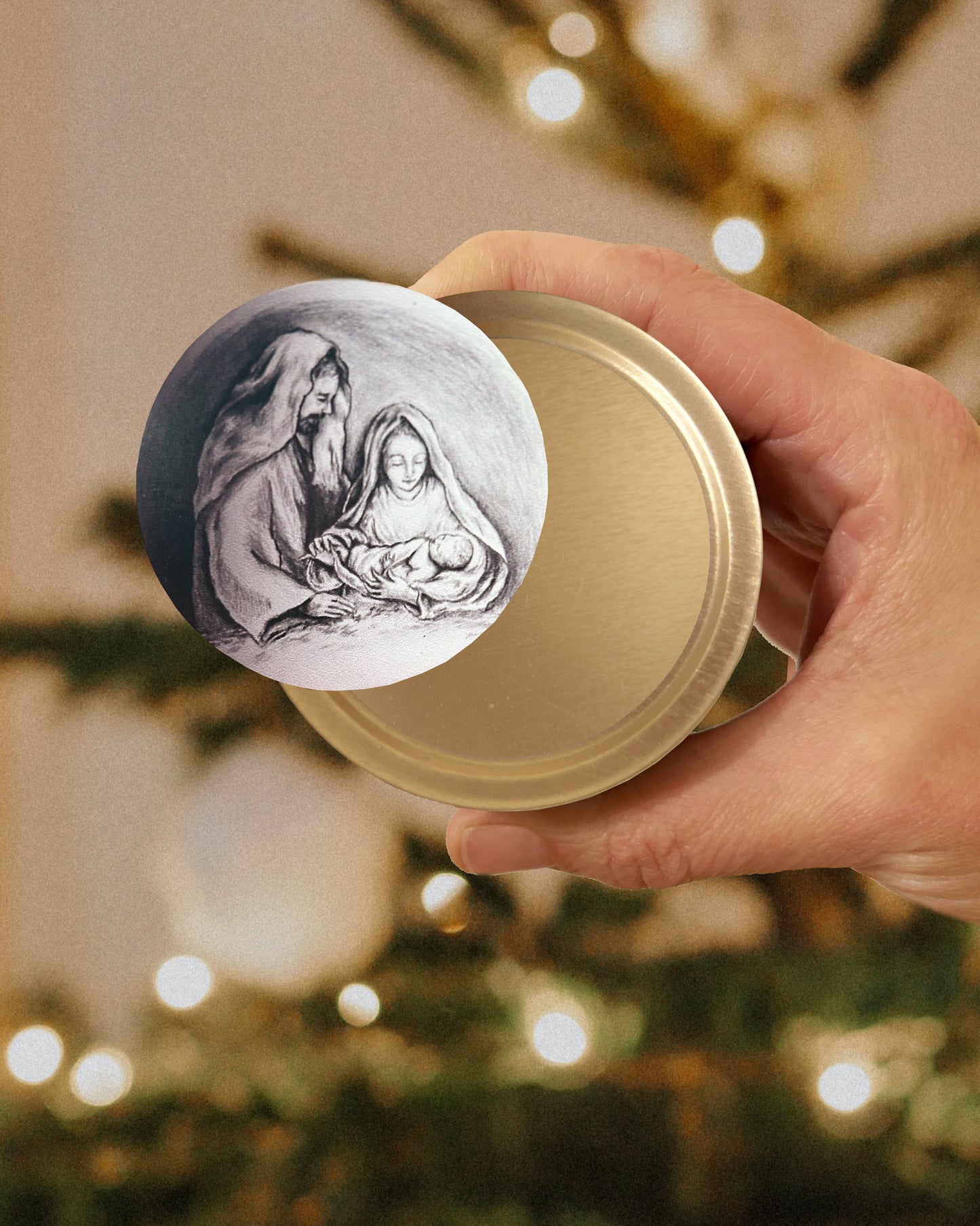 Holy Family Candle Gold Tin (Cranberry Orange Spice)