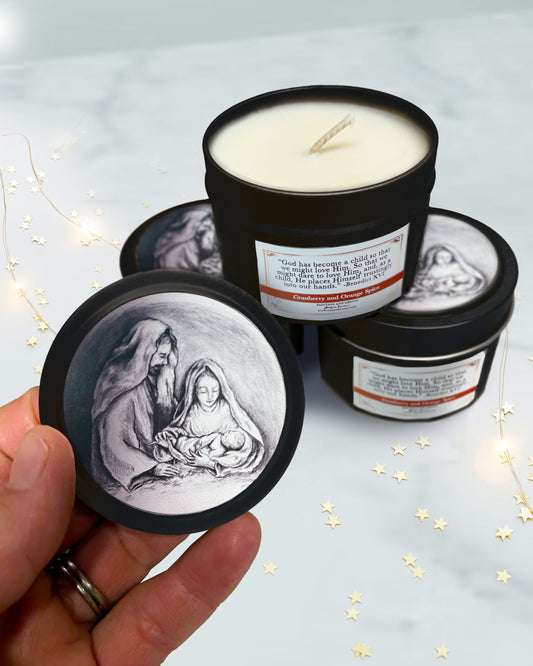 Holy Family Candle Black Tin (Cranberry Orange Spice)