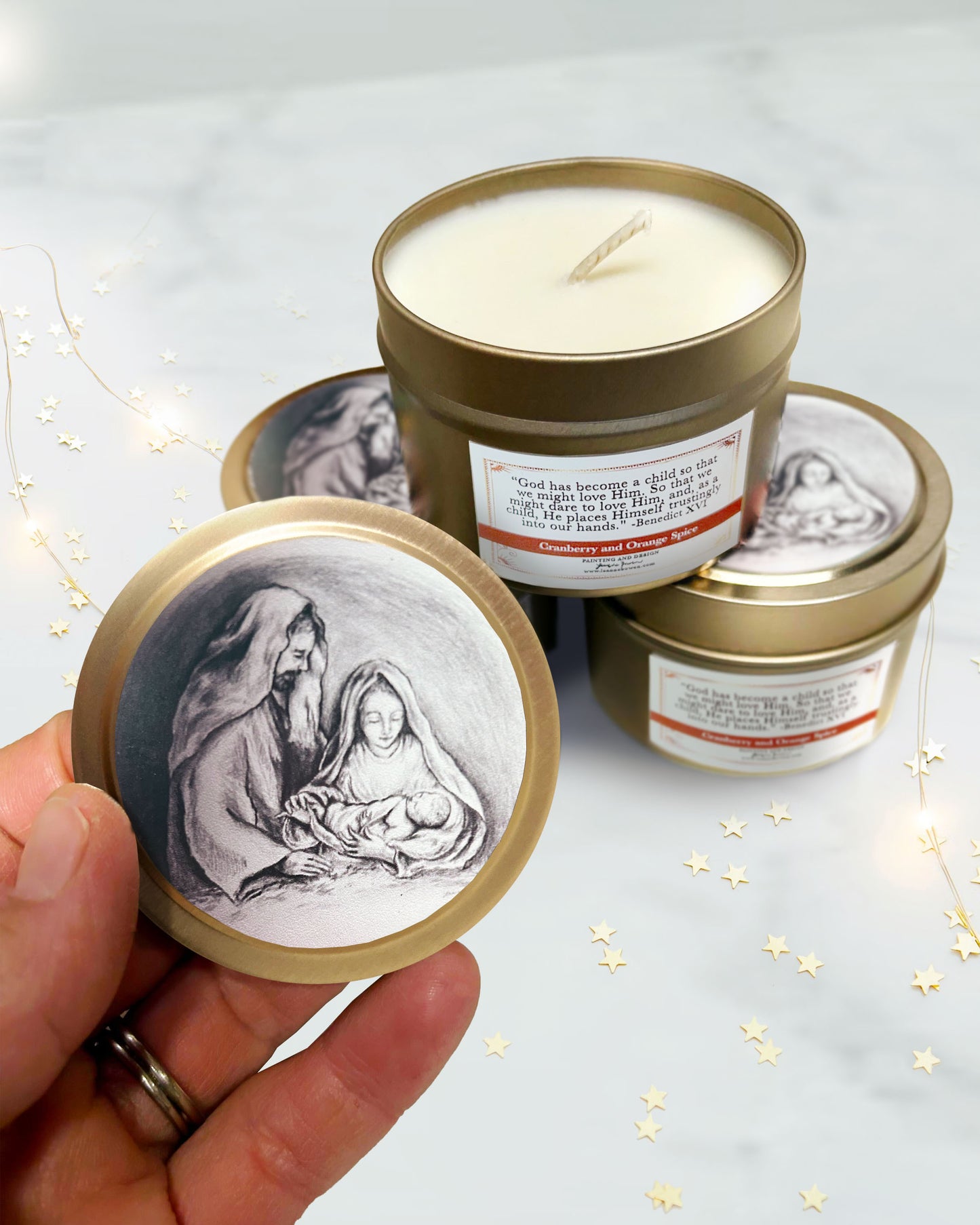 Holy Family Candle Gold Tin (Cranberry Orange Spice)
