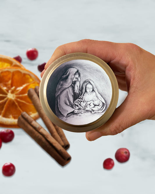 Holy Family Candle Gold Tin (Cranberry Orange Spice)