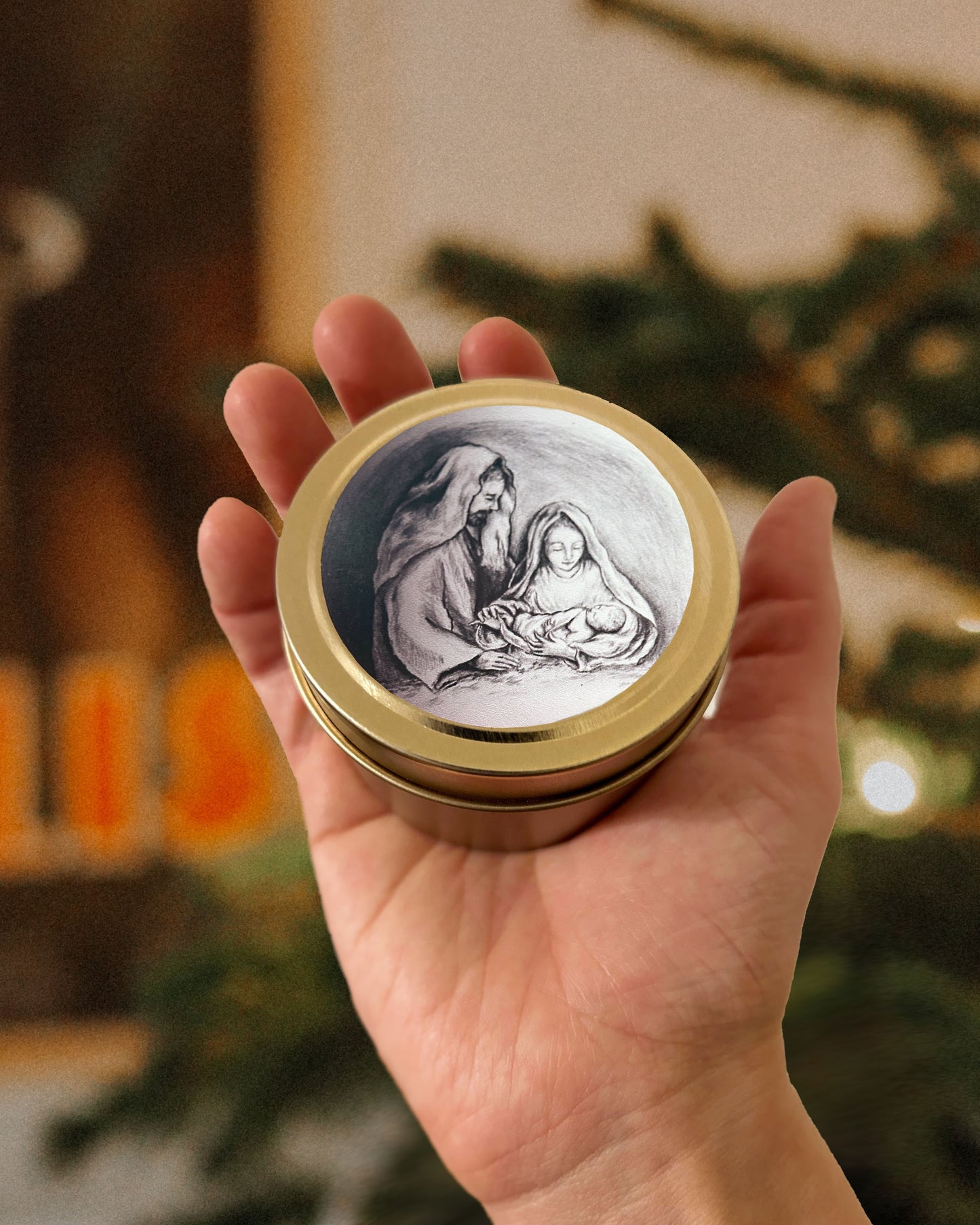 Holy Family Candle Gold Tin (Cranberry Orange Spice)