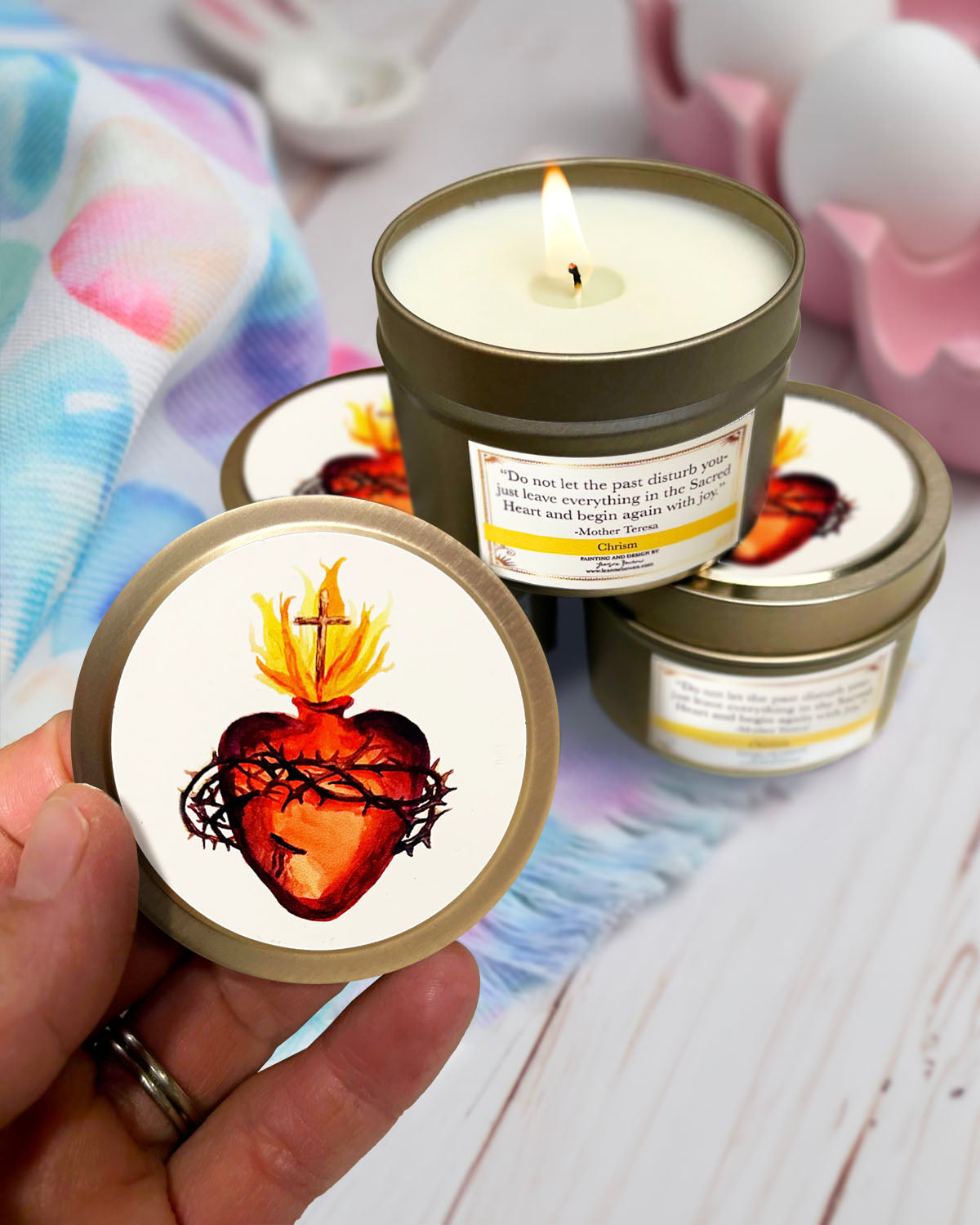 Sacred Heart Candle Tin (Chrism, Gold)