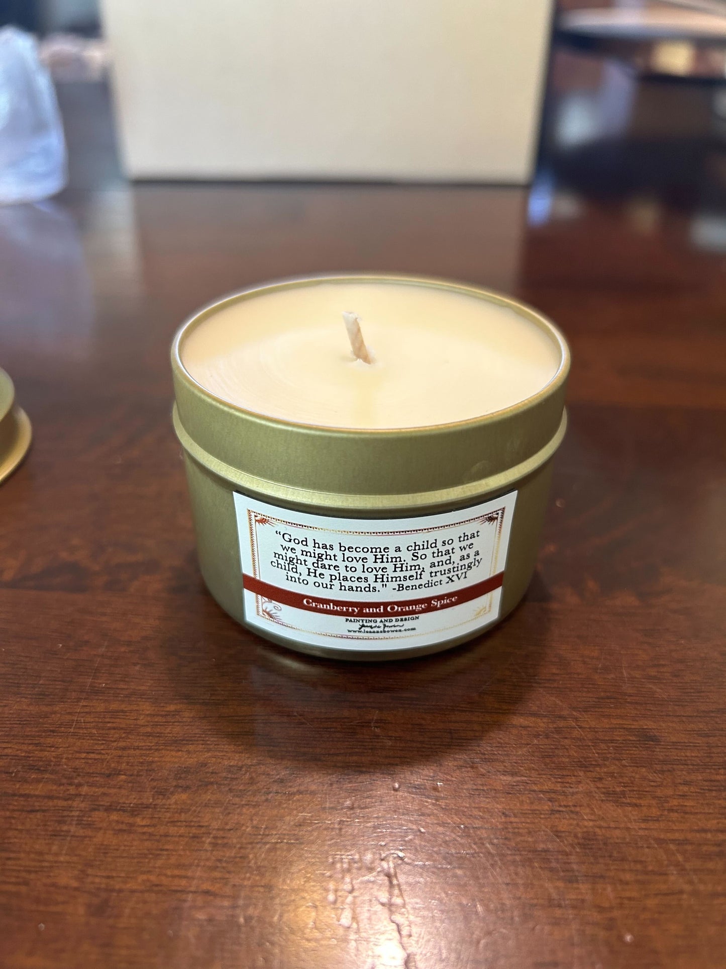 Holy Family Candle Gold Tin (Cranberry Orange Spice)