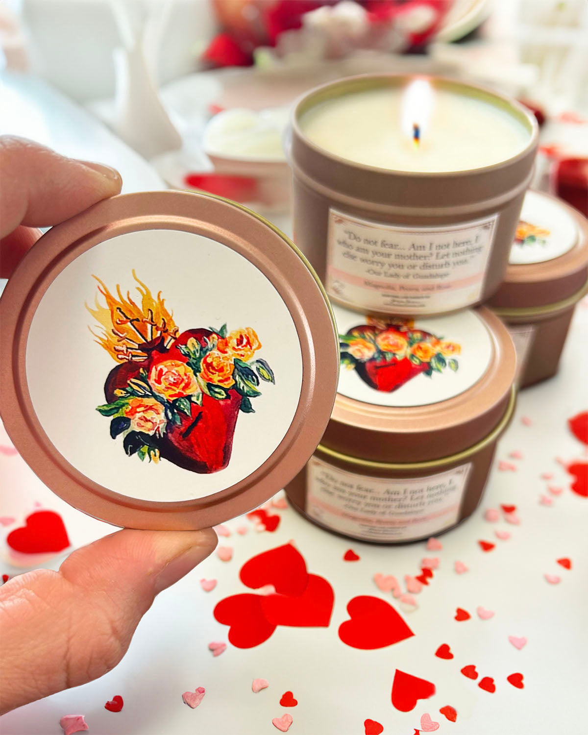 Immaculate Heart Candle Tin (Magnolia, Peony, & Rose Scented, Rose Gold)