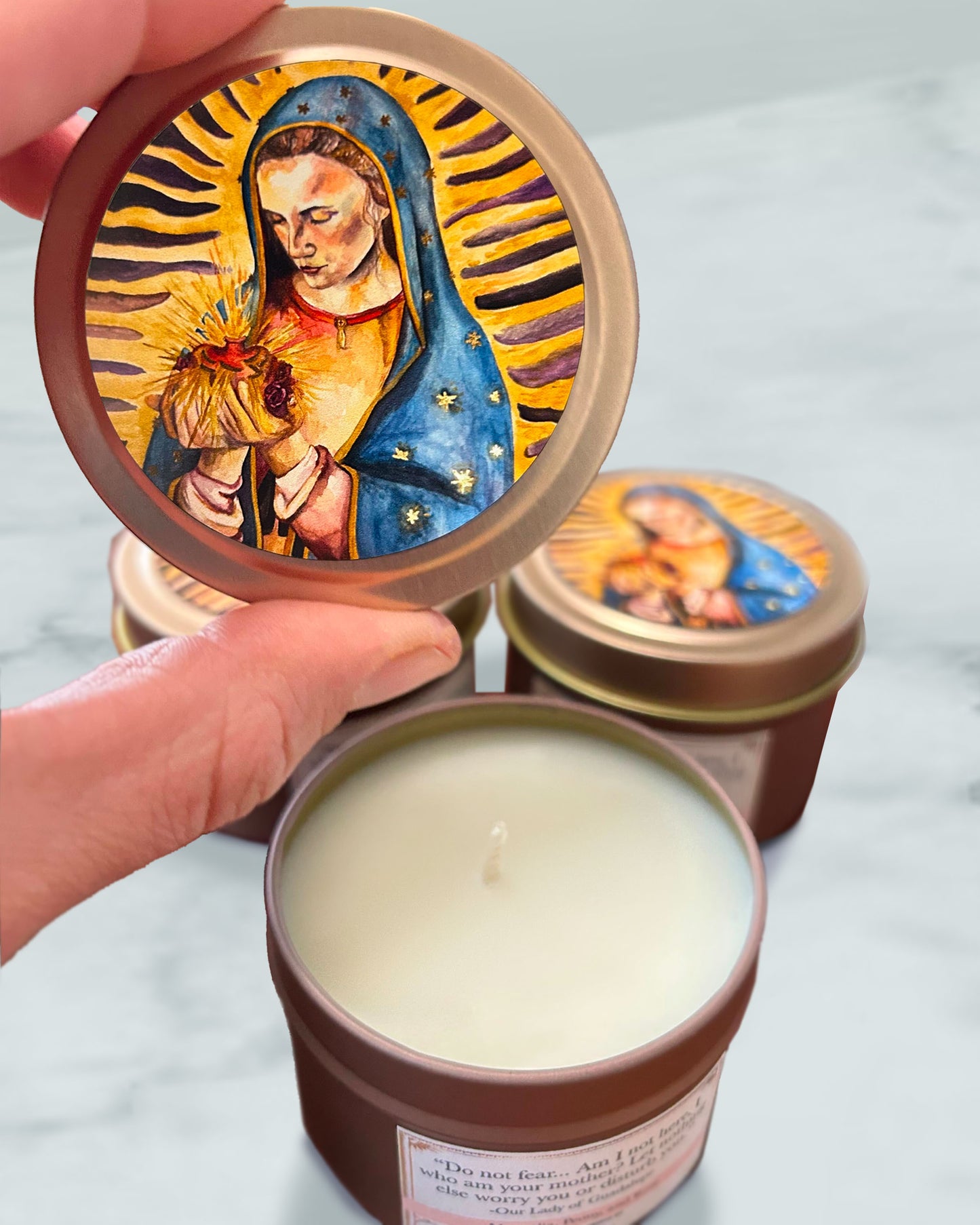 Our Lady of Guadalupe Candle Tin (Spanish Rose Scented, Gold)
