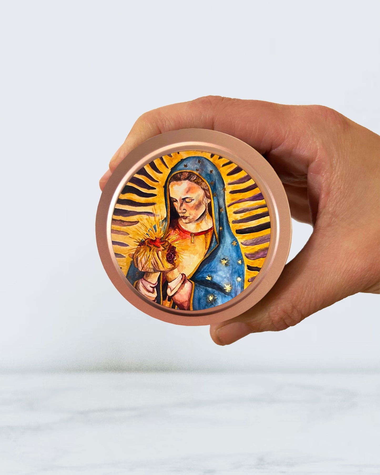 Our Lady of Guadalupe Candle Tin (Magnolia, Peony, & Rose Scented, Rose Gold)