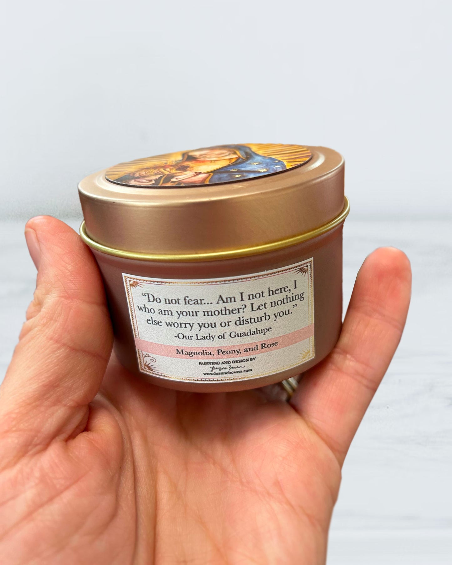 Our Lady of Guadalupe Candle Tin (Spanish Rose Scented, Gold)