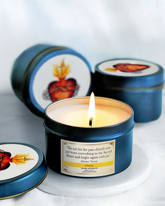 Sacred Heart Candle Tin (Chrism, Dark Blue)