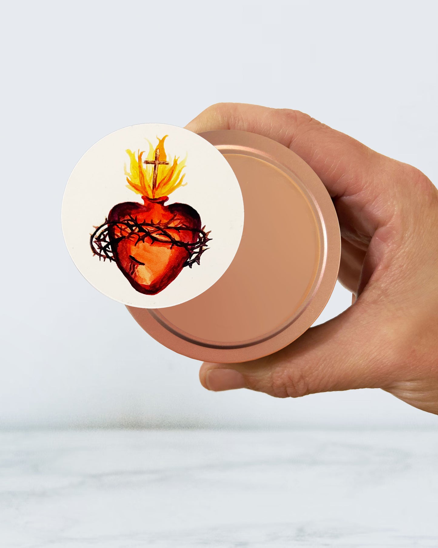 Sacred Heart Candle Tin (Chrism Scented, Rose Gold)