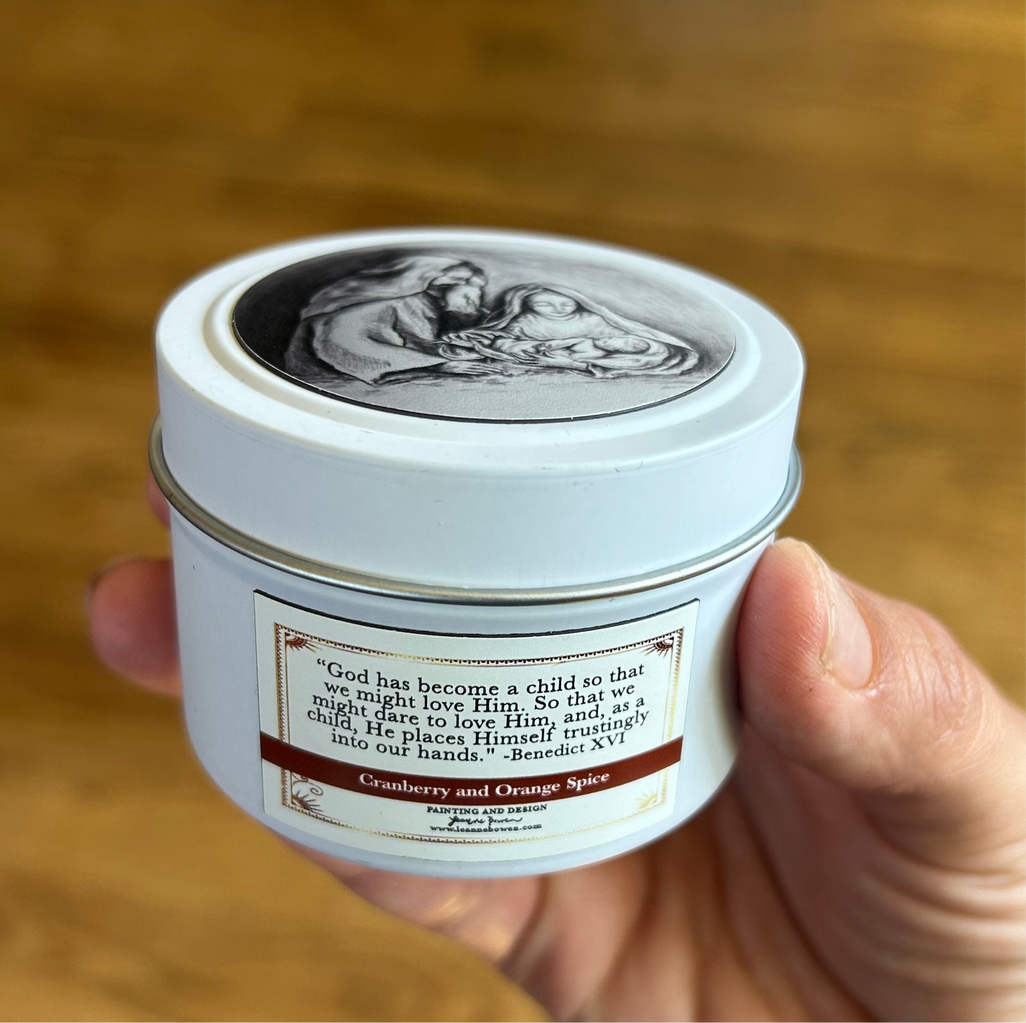 Holy Family Candle White Tin (Cranberry Orange Spice)