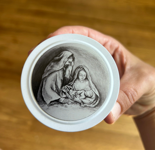 Holy Family Candle White Tin (Cranberry Orange Spice)