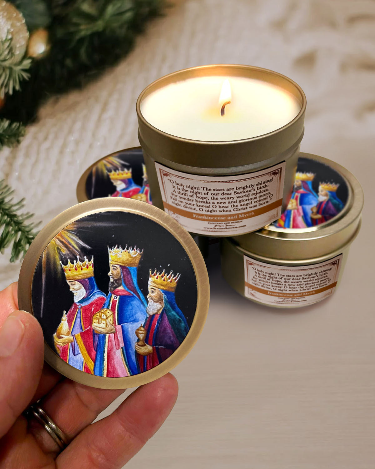 O Holy Night Candle Tin (Frankincense and Myrrh Scented, Gold)