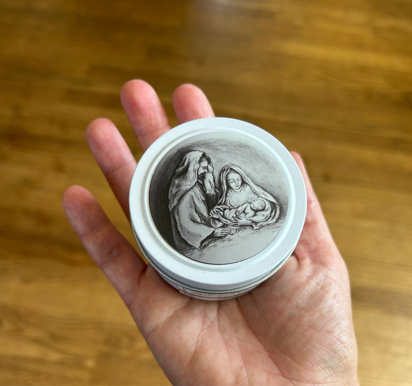 Holy Family Candle White Tin (Cranberry Orange Spice)