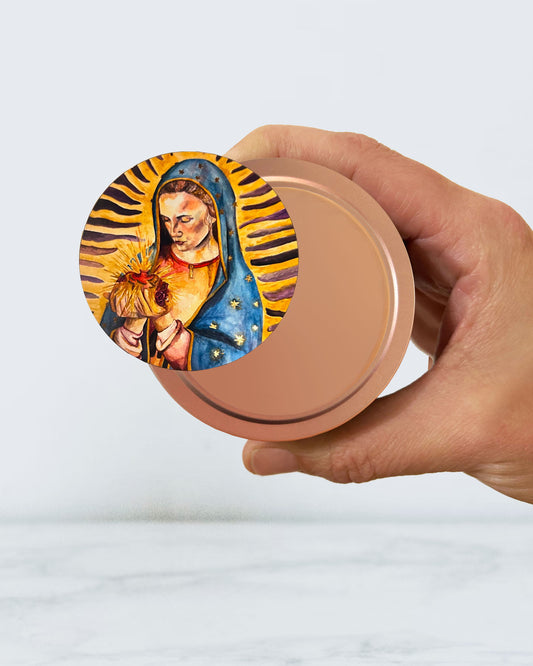 Our Lady of Guadalupe Candle Tin (Magnolia, Peony, & Rose Scented, Rose Gold)
