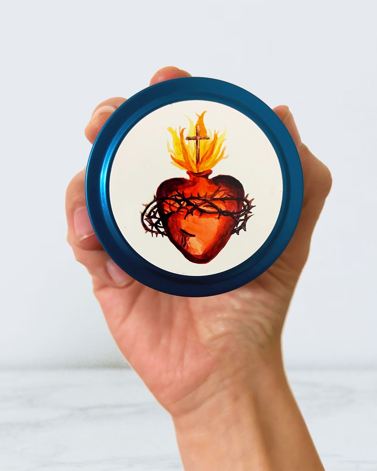 Sacred Heart Candle Tin (Chrism Scented, Dark Blue)
