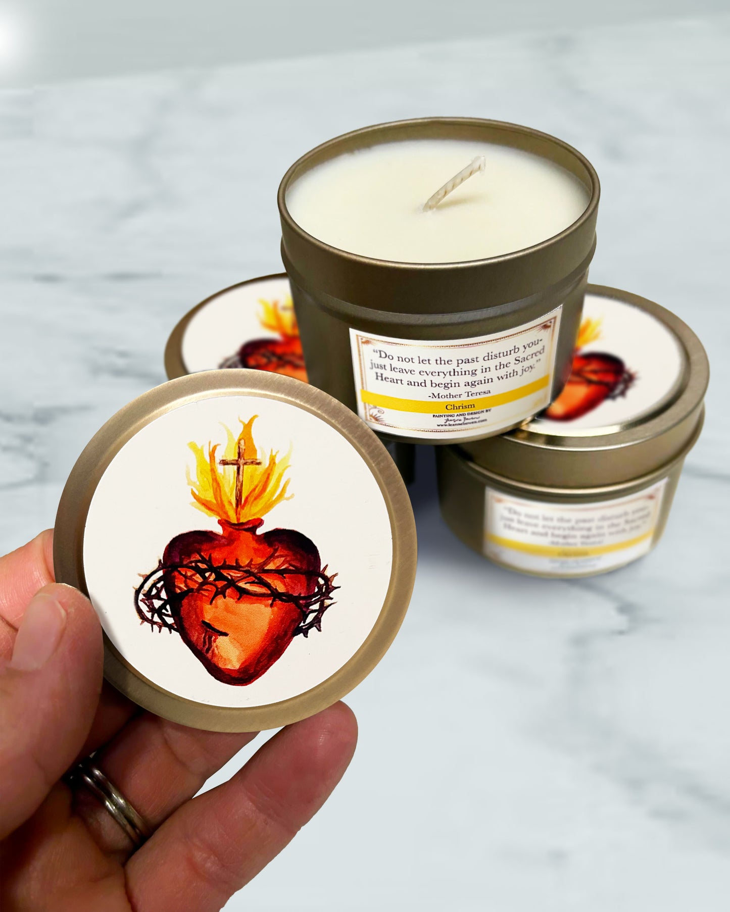 Sacred Heart Candle Tin (Chrism Scented, Gold)
